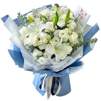 景德镇11朵白玫瑰桔梗百合，爱永恒不息